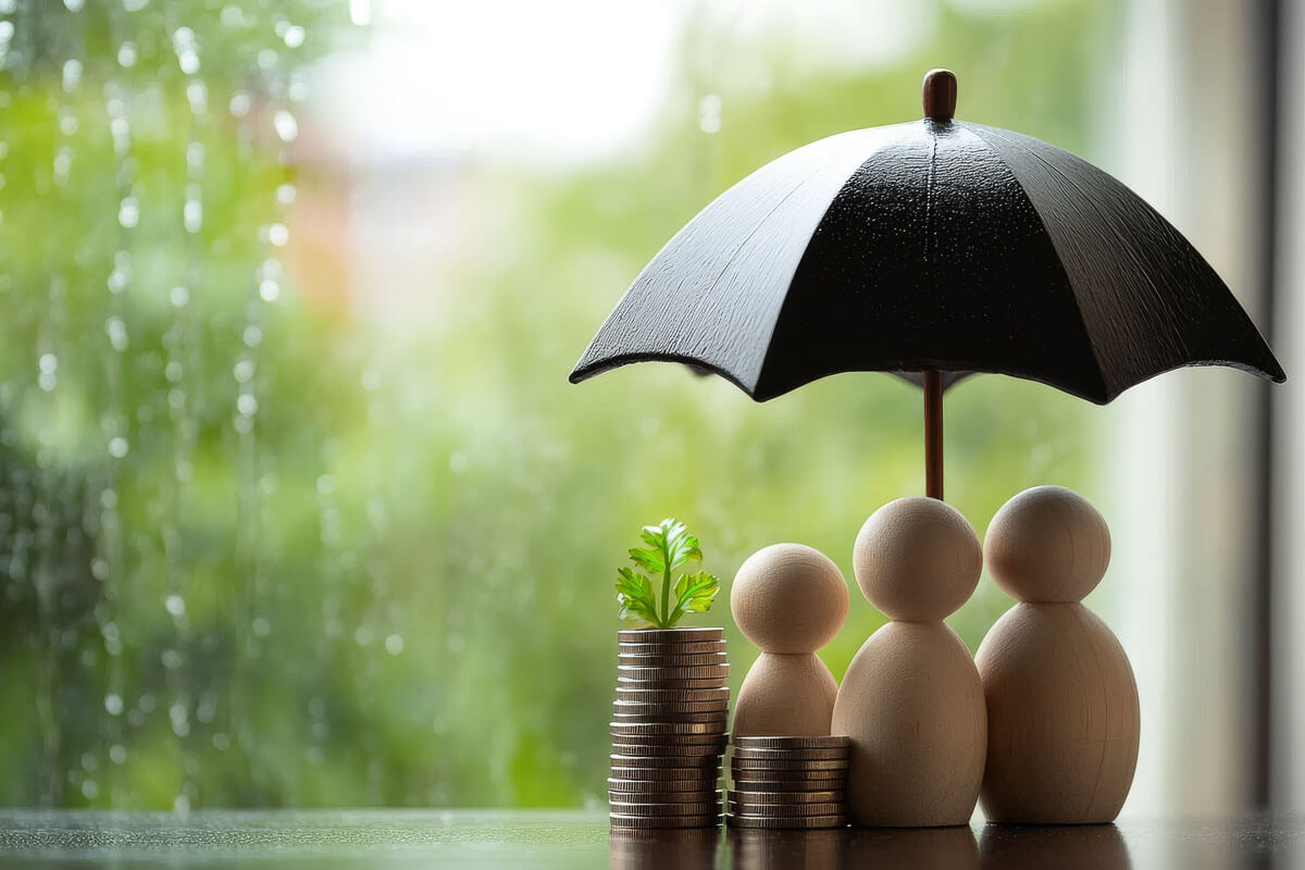 Three abstract wooden figures representing a family on a window ledge, with a wooden umbrella above them. It is raining outside, and two stacks of coins sit beside them.