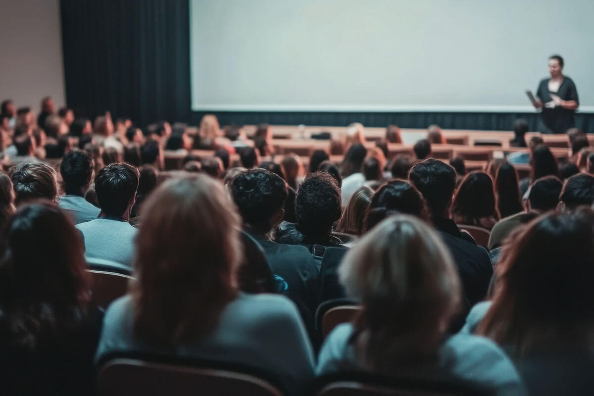 Group of people in a theatre, shot from behind, while an adult is speaking on stage