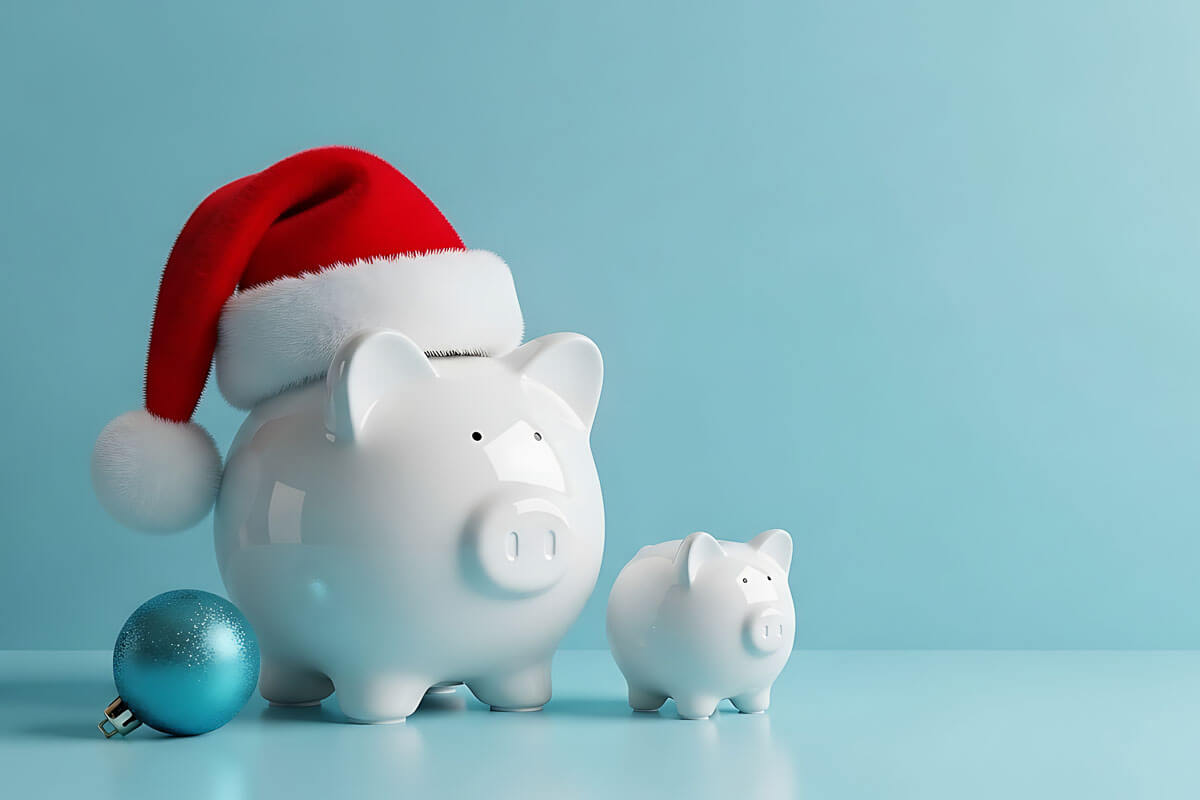 One large white piggy bank in a Santa hat and one small white piggy bank on a blue background with a blue bauble