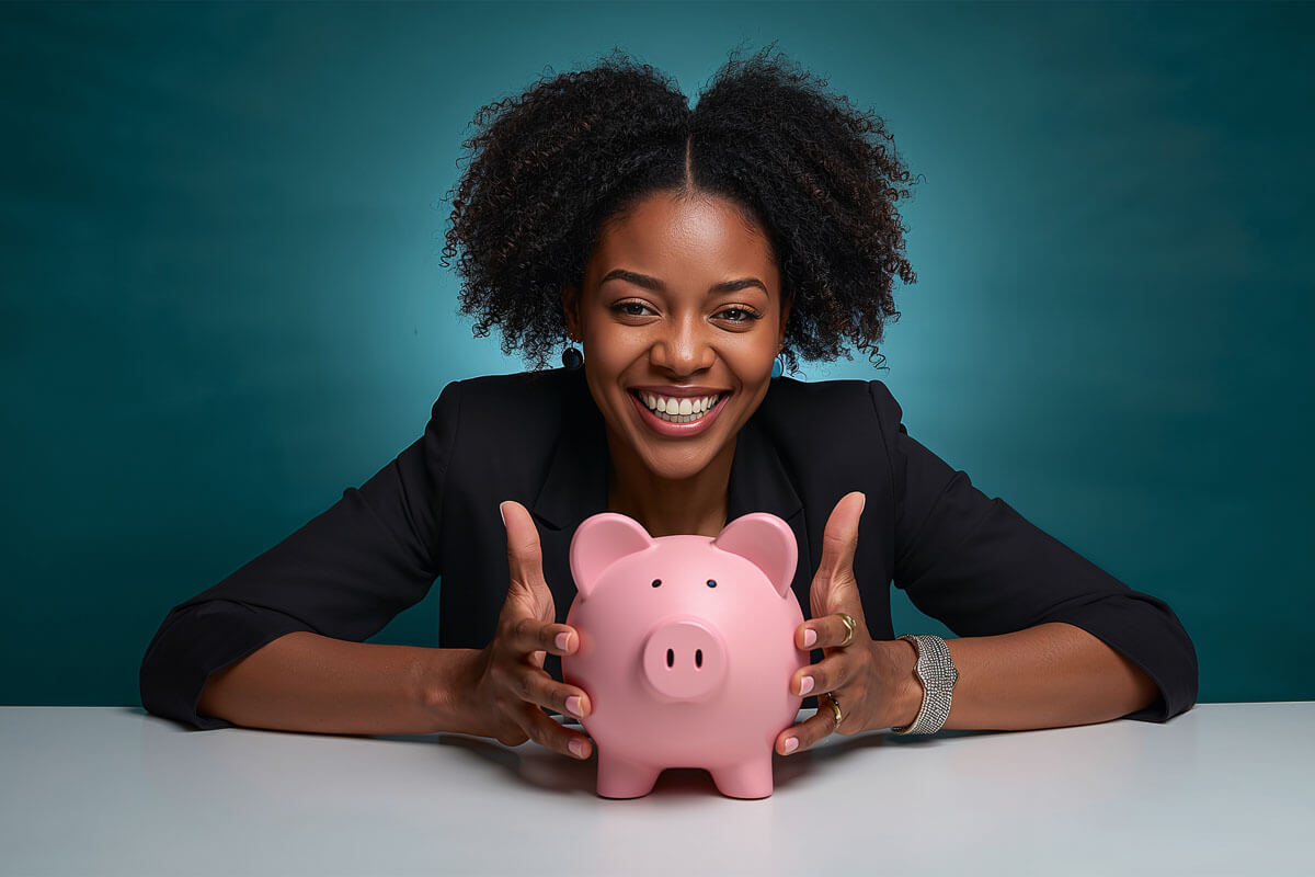 Smiling woman holding a pink piggy bank in front of her on a table.