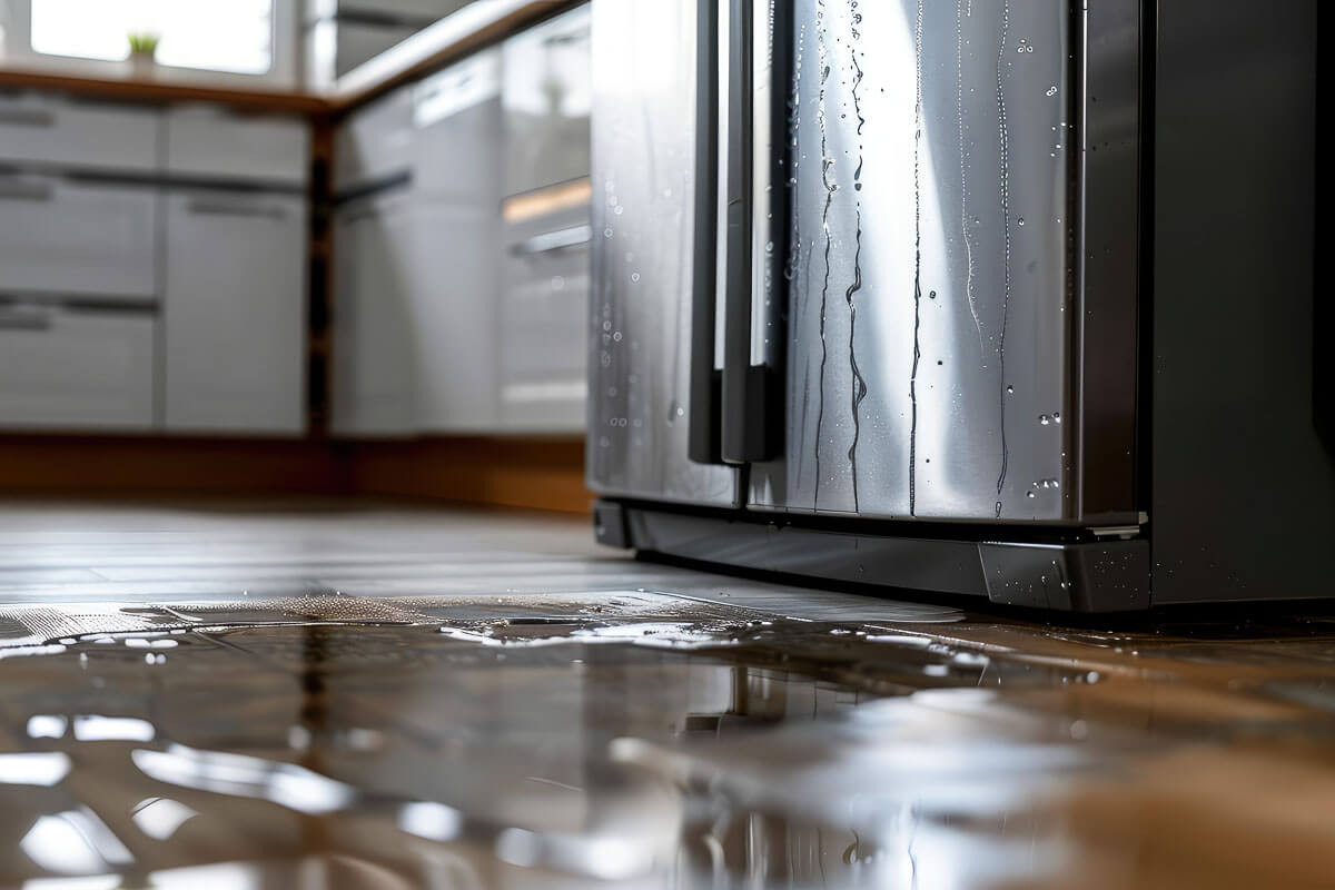 A fridge leaking onto the floor