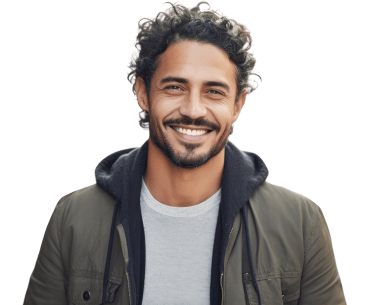 Young smiling man with dark curly hair and a short dark beard. He is wearing a black hoodie, light grey t-shirt and khaki jacket.
