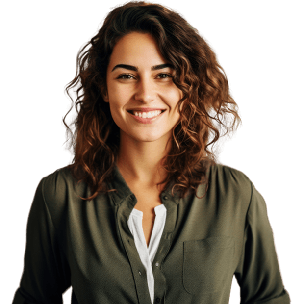 Smiling younger woman with shoulder length dark curly hair. She is wearing a green and white open-necked shirt.