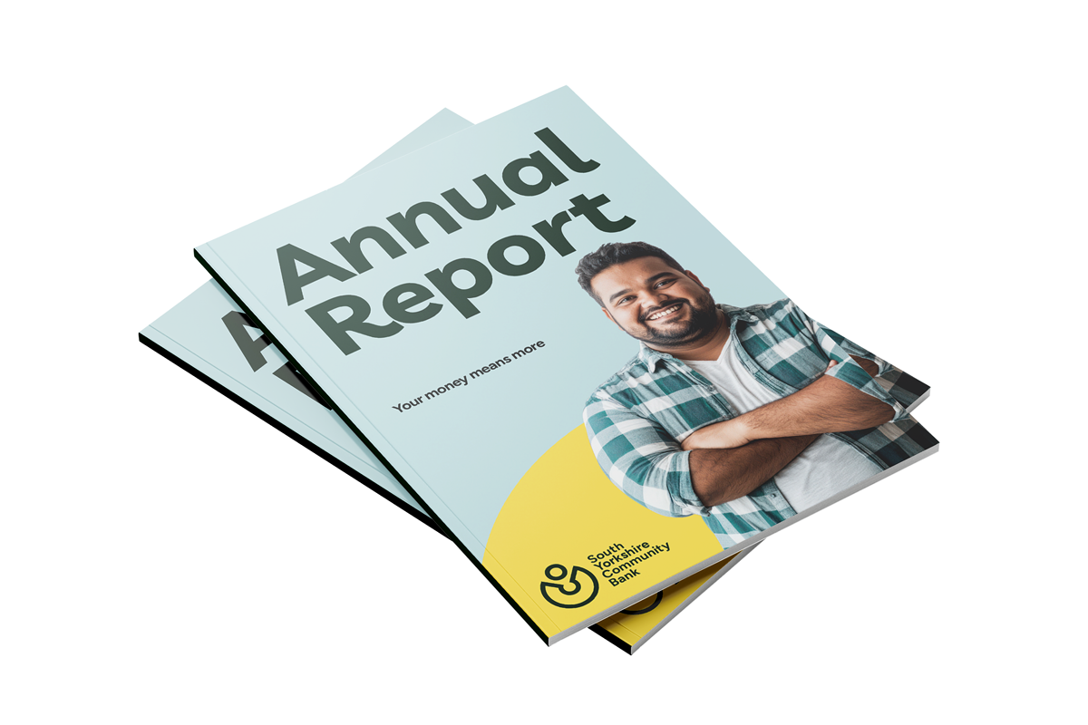 Two annual reports stacked and fanned